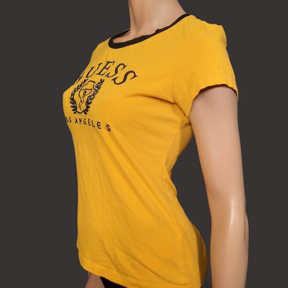 Y2K GUESS T Shirt Yellow Embroidered Ringer Womens L Short Sleeve - Picture 5 of 8